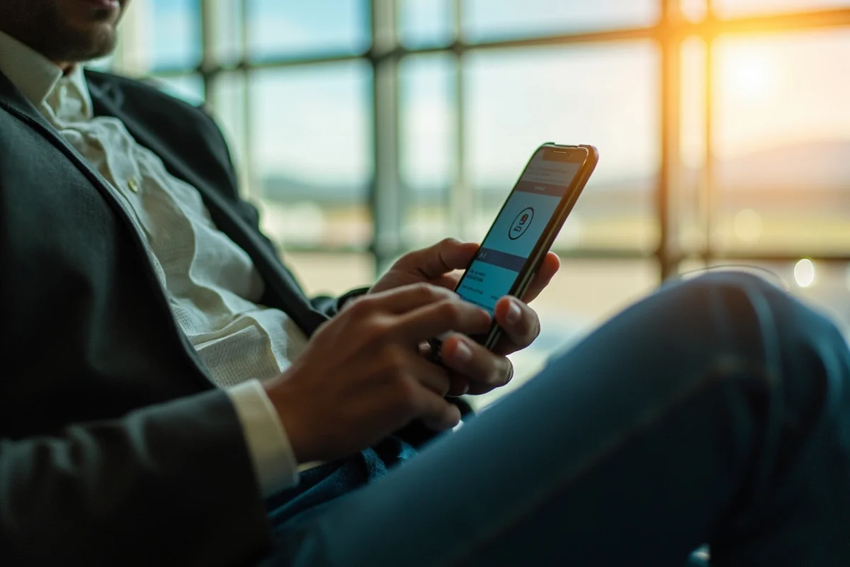 Person setting up VPN on phone while waiting at Montana airport terminal