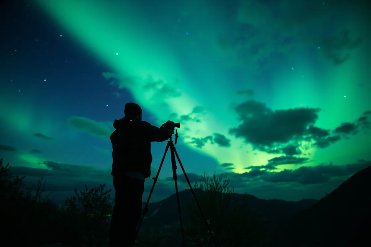 Person silhouetted against dramatic aurora display with camera on tripod in Montana mountain setting