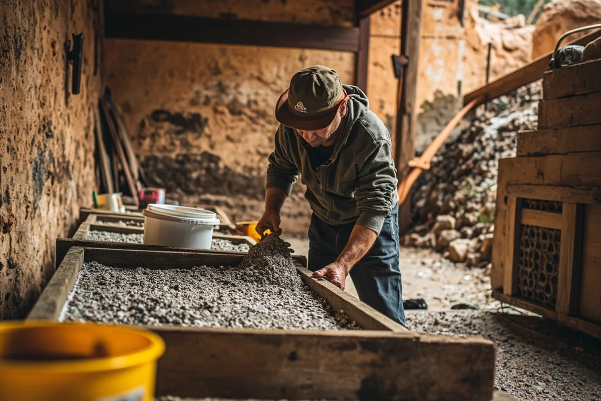 Person sluicing gravel at a wooden trough at Gem Mountain, with screens and buckets visible