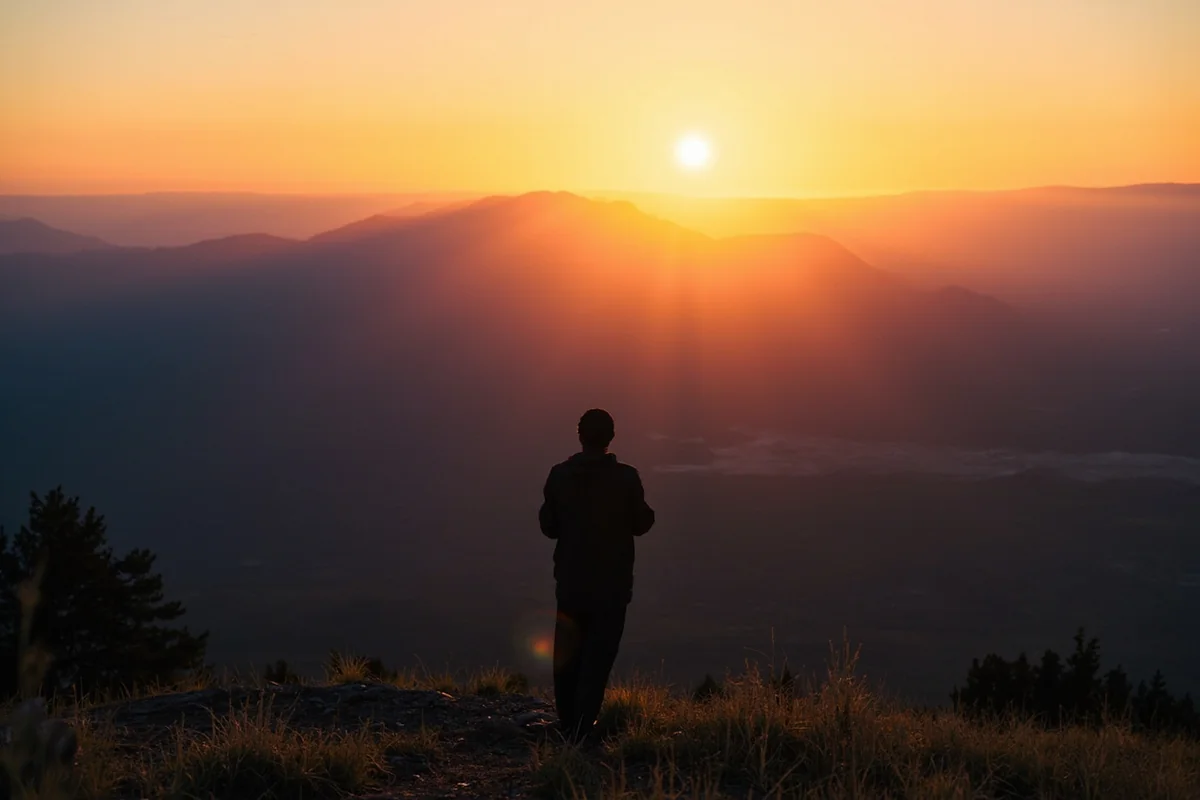 Person standing alone overlooking vast Montana valley at sunset
