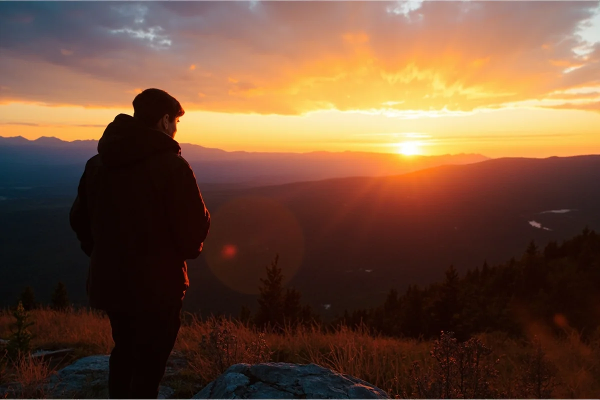 Person standing at scenic overlook watching sunset over Montana landscape