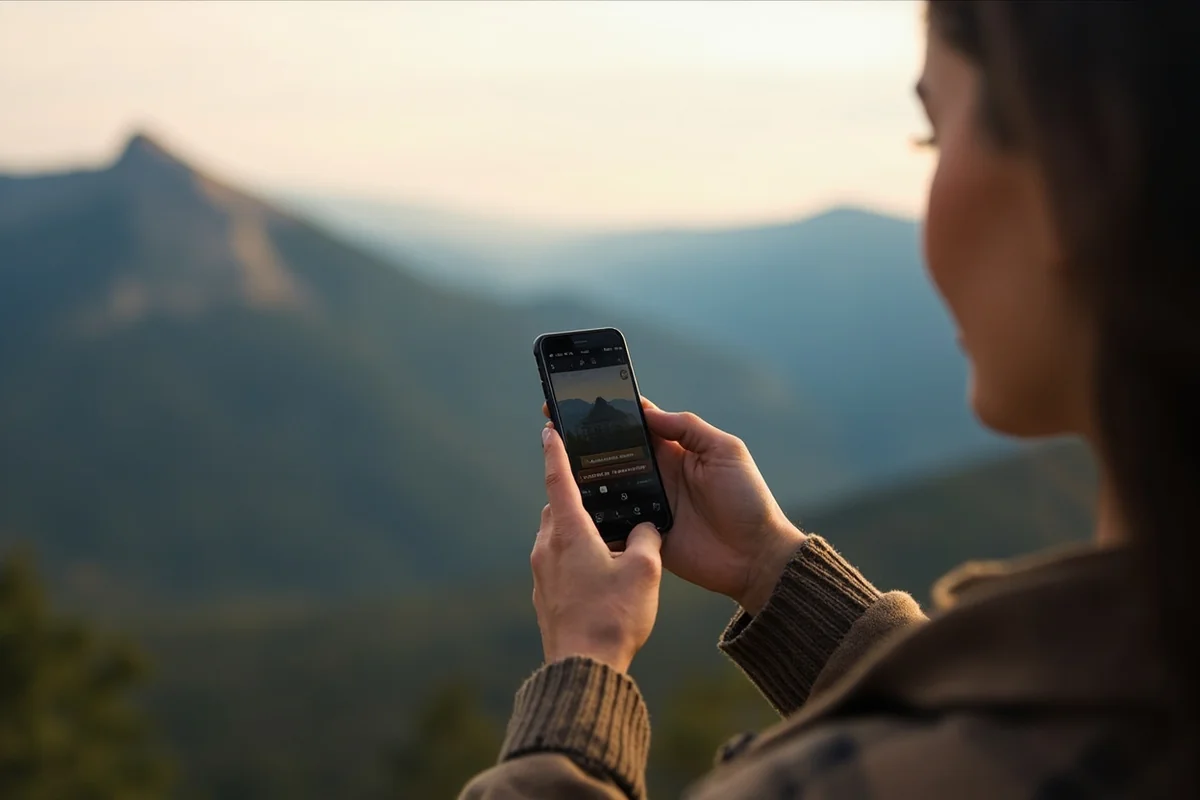 Person using smartphone to book tour with Montana landscape in background