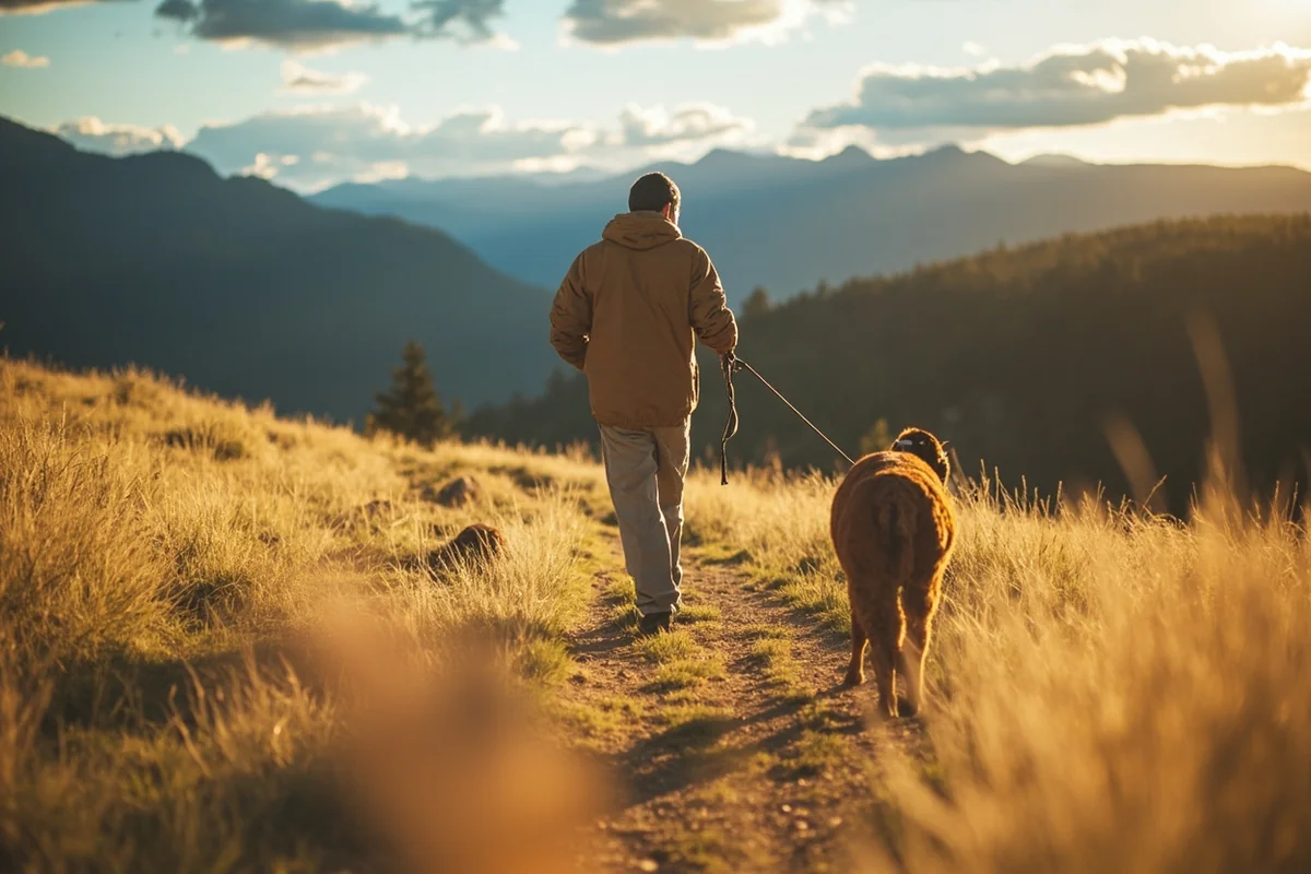 Person walking alpaca on lead through Montana trail