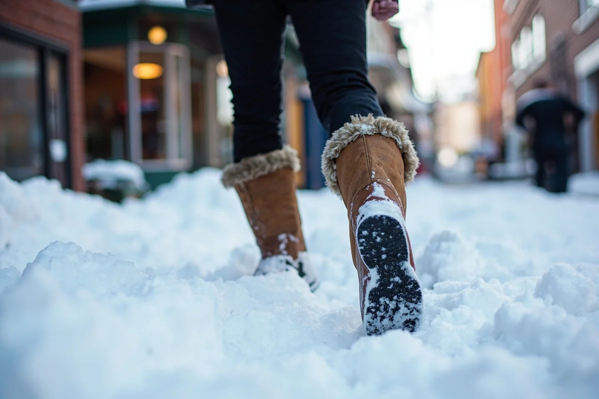 Person wearing proper winter boots walking through deep snow in downtown Bozeman