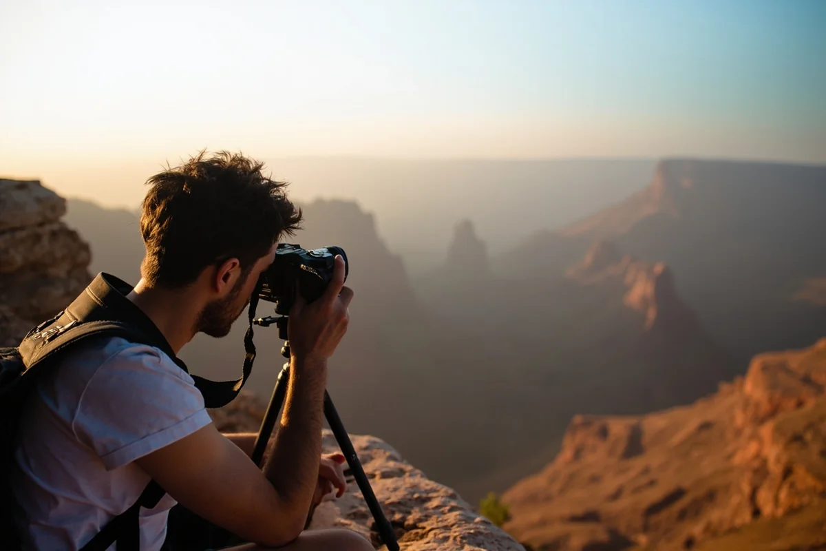Photographer capturing landscape from Jeep tour overlook with camera on tripod