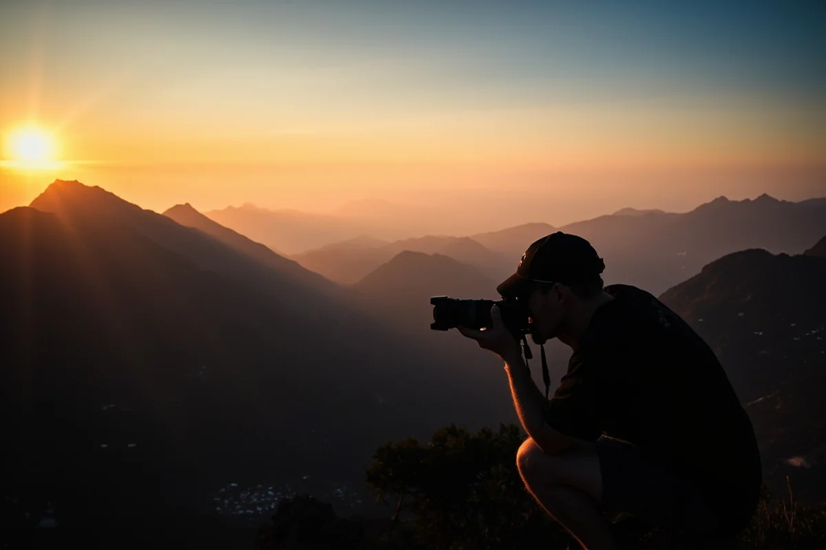 Photographer capturing sunset light on mountain peaks from high-elevation vantage point