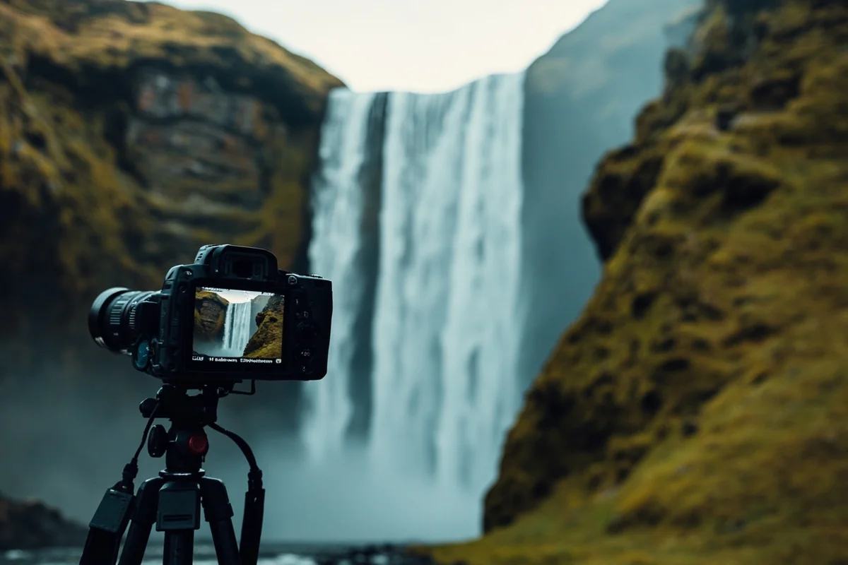 Photographer's perspective of Ipasha Falls with camera setup in foreground