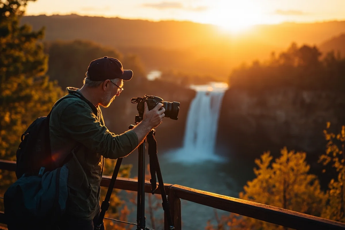 Photographer setting up tripod at Salamander Falls viewpoint during golden hour