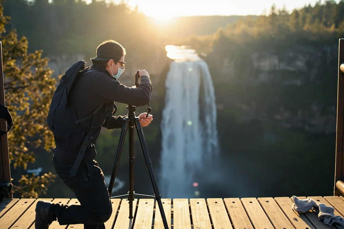 Photographer setting up tripod at the Running Eagle Falls viewing platform
