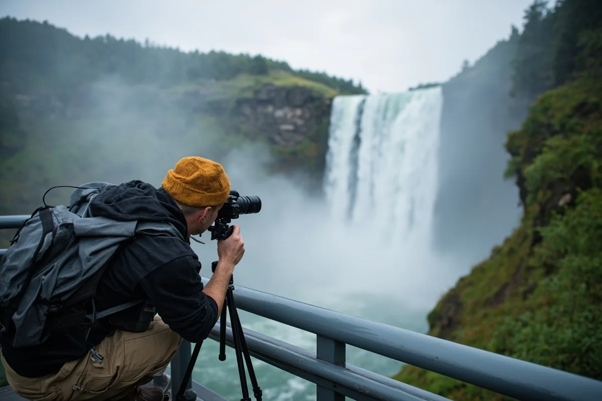 Photographer setting up tripod on Ousel Falls viewing platform with falls in background