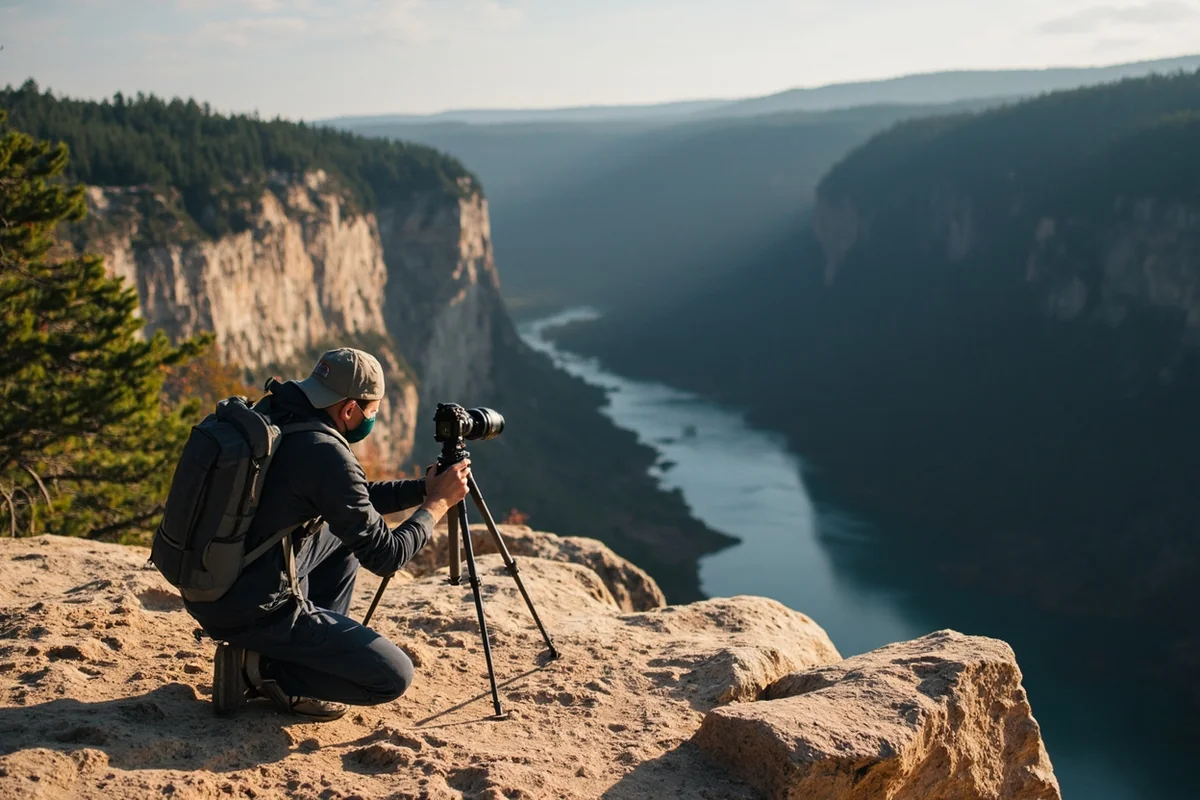 Photographer setting up tripod on rocky overlook with Morning Eagle Falls in background