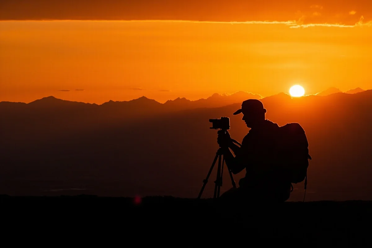 Photographer silhouette against orange sunset over Montana mountain range