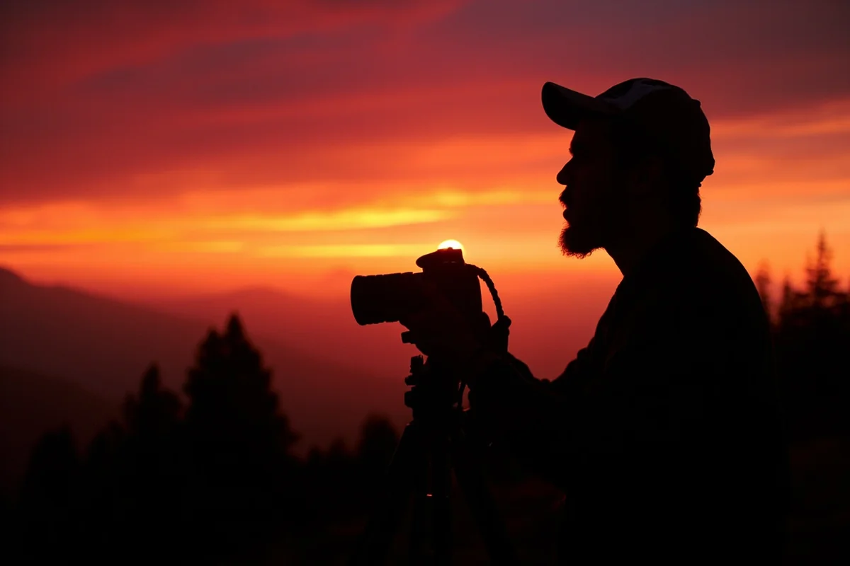 Photographer silhouetted against colorful Montana sunset with camera on tripod