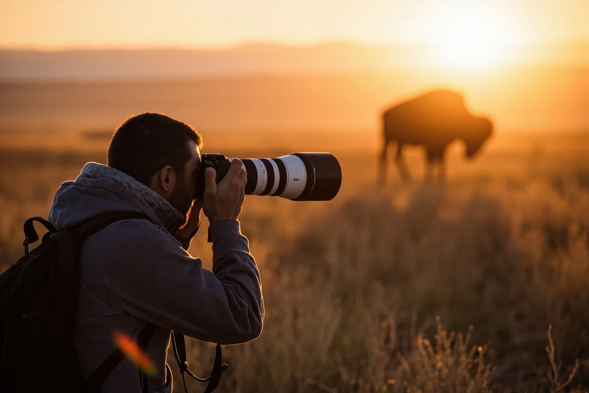 Photographer with long lens photographing bison at dawn in Montana prairie
