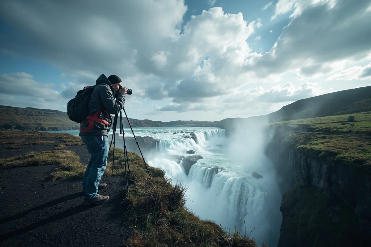 Photographer with tripod set up capturing Silken Skein Falls with dramatic clouds overhead