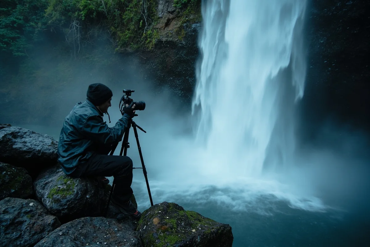 Photographer with tripod set up on rocks capturing long exposure of waterfall