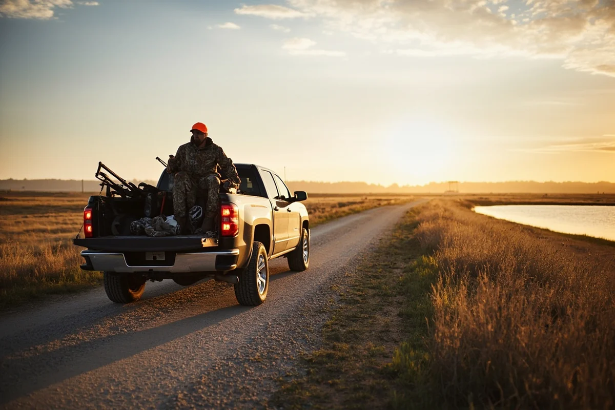 Pickup truck with hunting gear on Montana gravel road approaching wetland hunting area