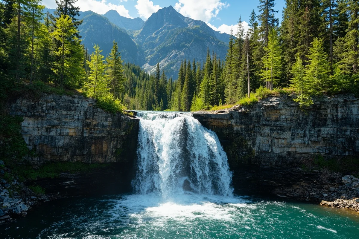 Piegan Falls cascading down rocky cliff face with mountain backdrop in summer