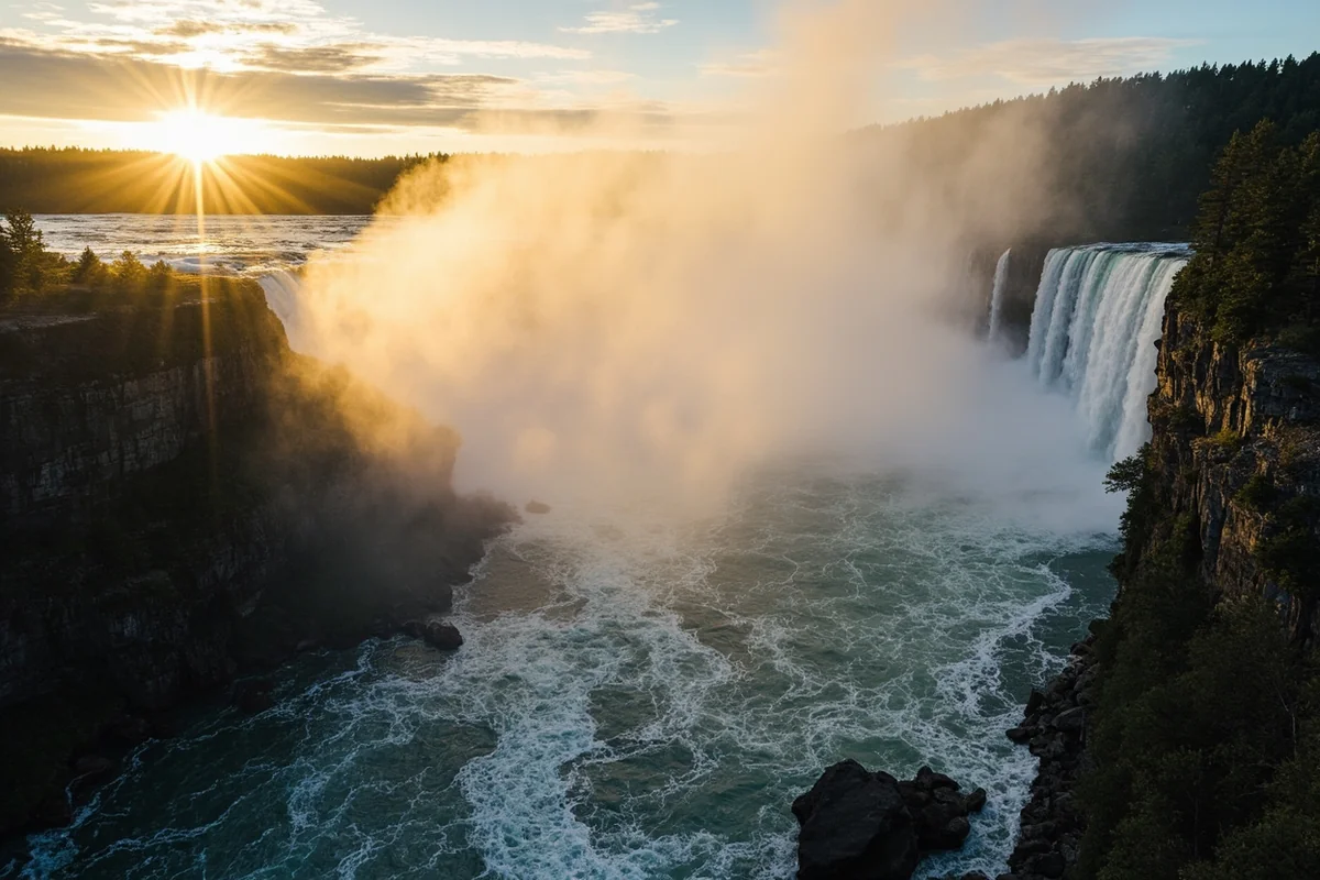 Piegan Falls in morning light with sun illuminating the mist
