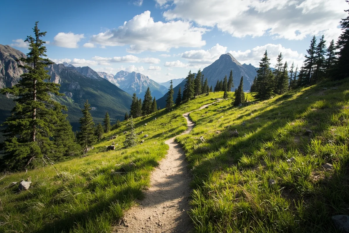 Piegan Pass Trail winding through alpine meadow with mountains in background