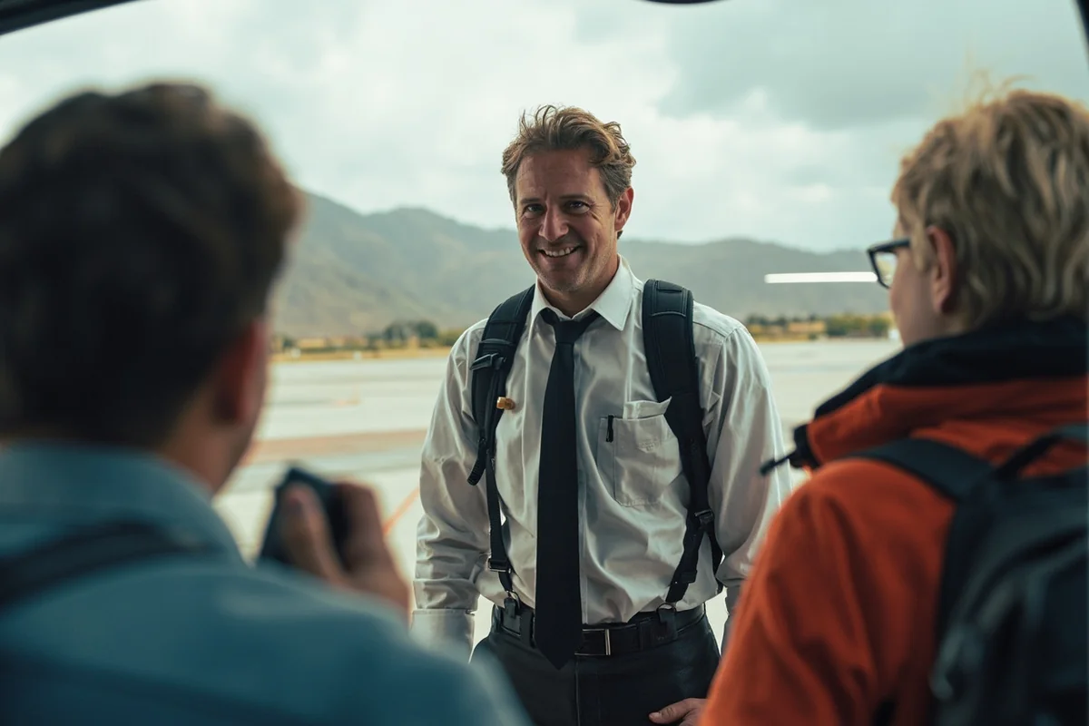 Pilot giving pre-flight briefing to tour passengers at helipad