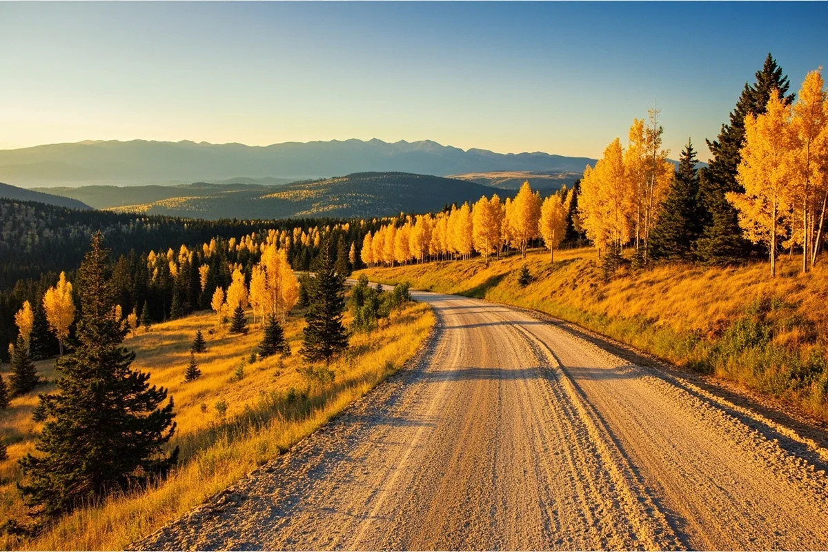 Pioneer Mountains Scenic Byway with golden aspen groves and a winding gravel road through mountain meadows