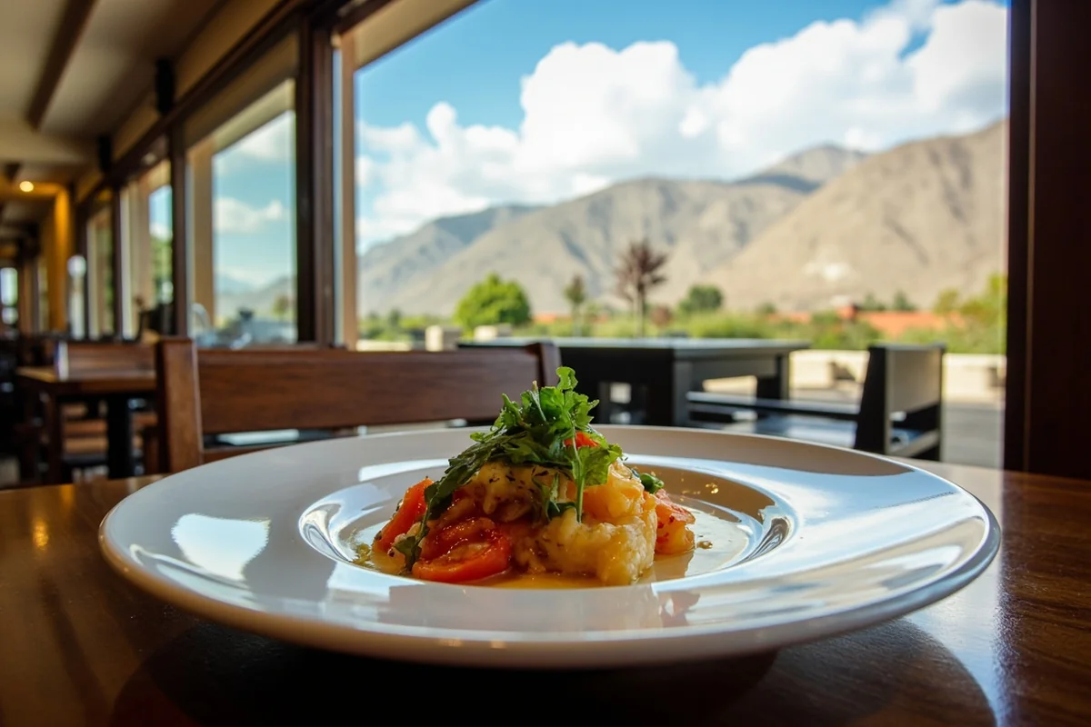 Plated fine dining dish at Café Kandahar with mountain view through restaurant window