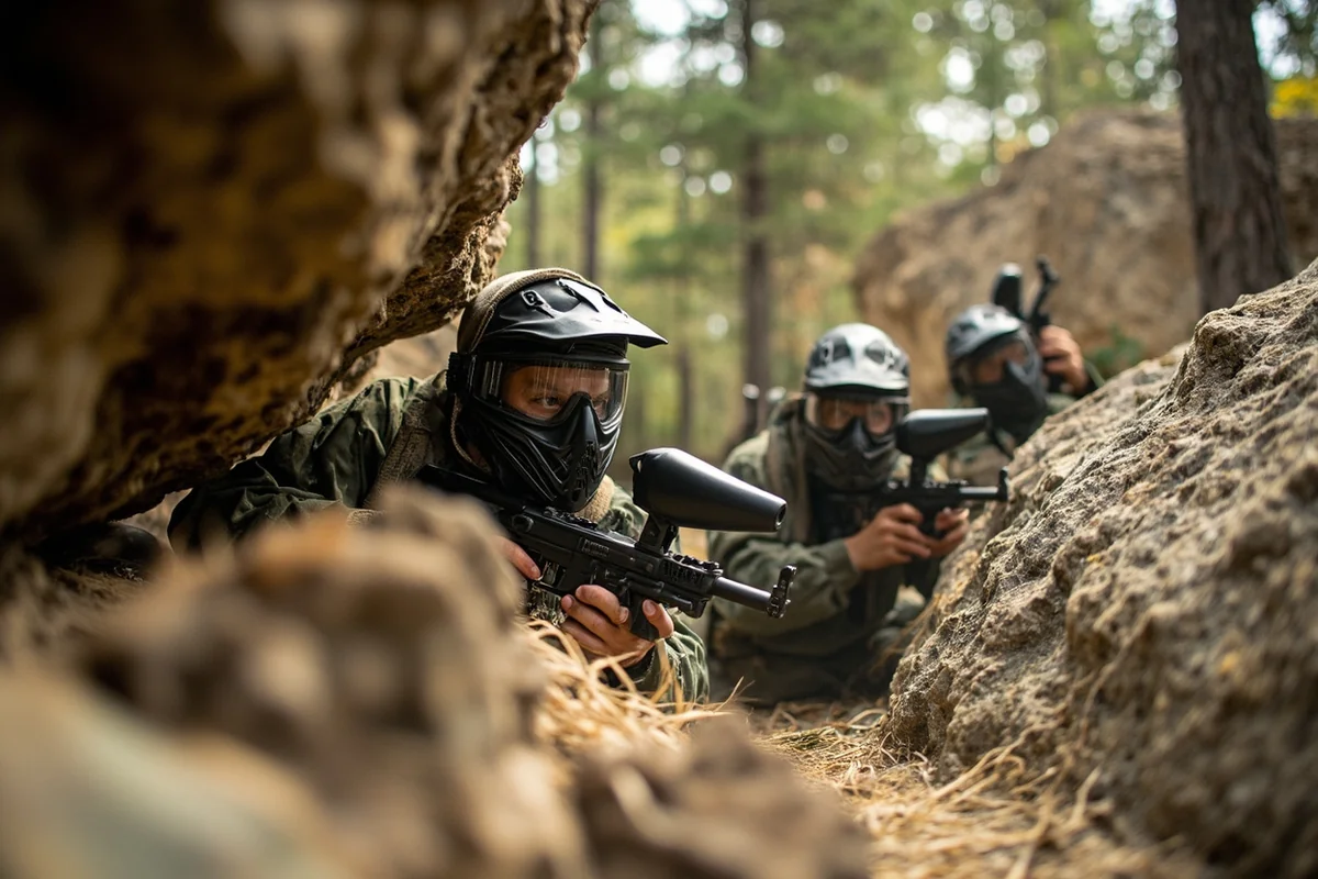 Players in full paintball gear taking cover behind natural rock formations in Montana wilderness during an intense woodsball match