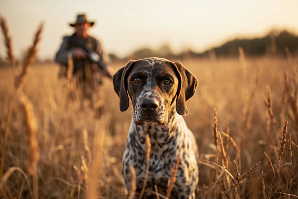 Pointer dog on point in tall CRP grass with hunter approaching in background