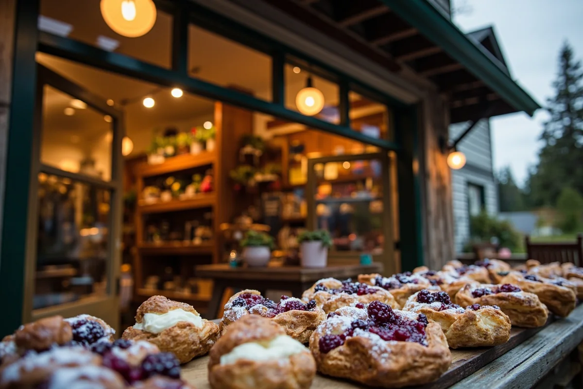 Polebridge Mercantile's rustic storefront with huckleberry pastries displayed in foreground