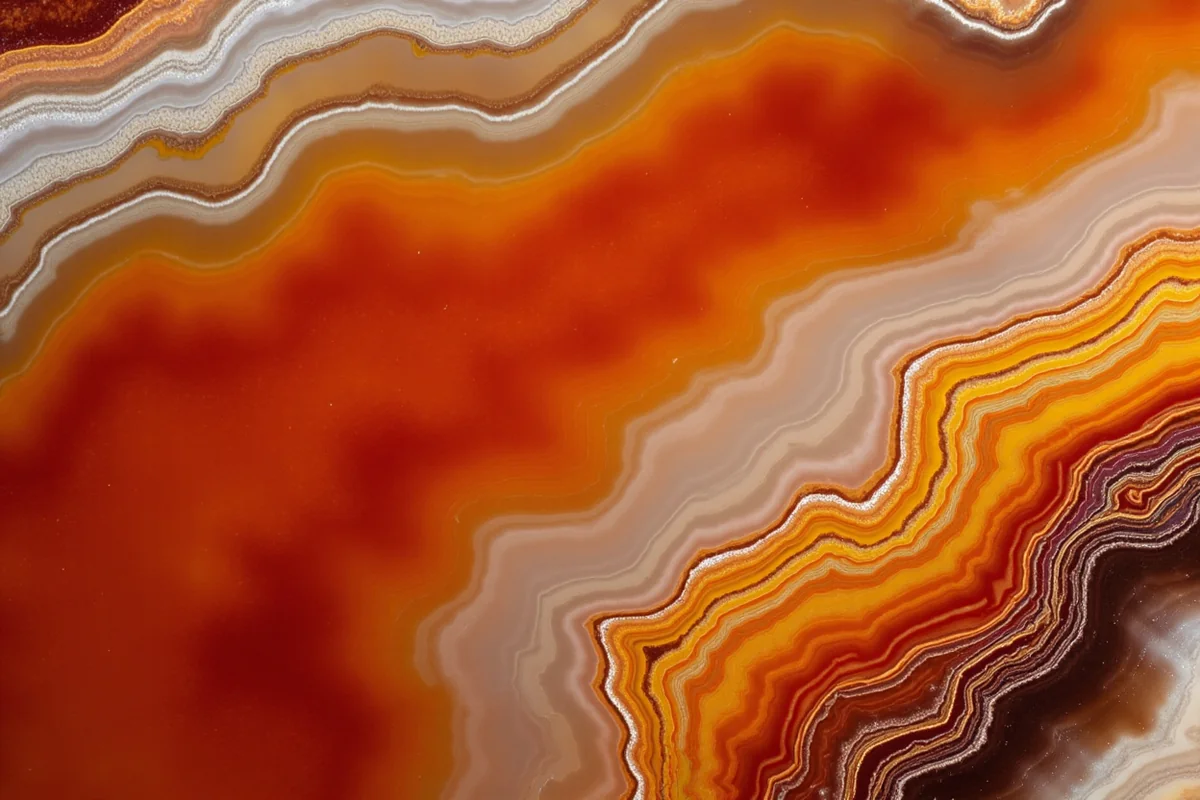 Polished Montana agate showing distinctive fortification banding in orange, white, and red tones