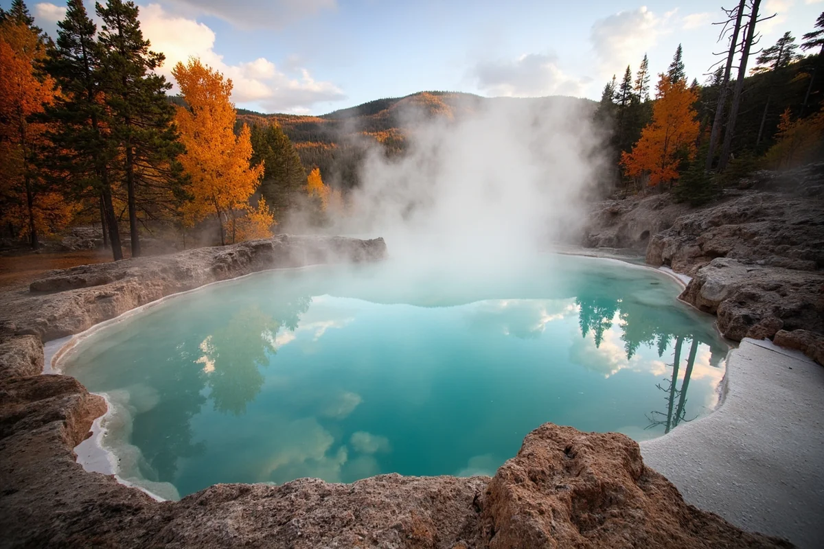 Potosi Hot Springs rock pool surrounded by autumn foliage with steam rising