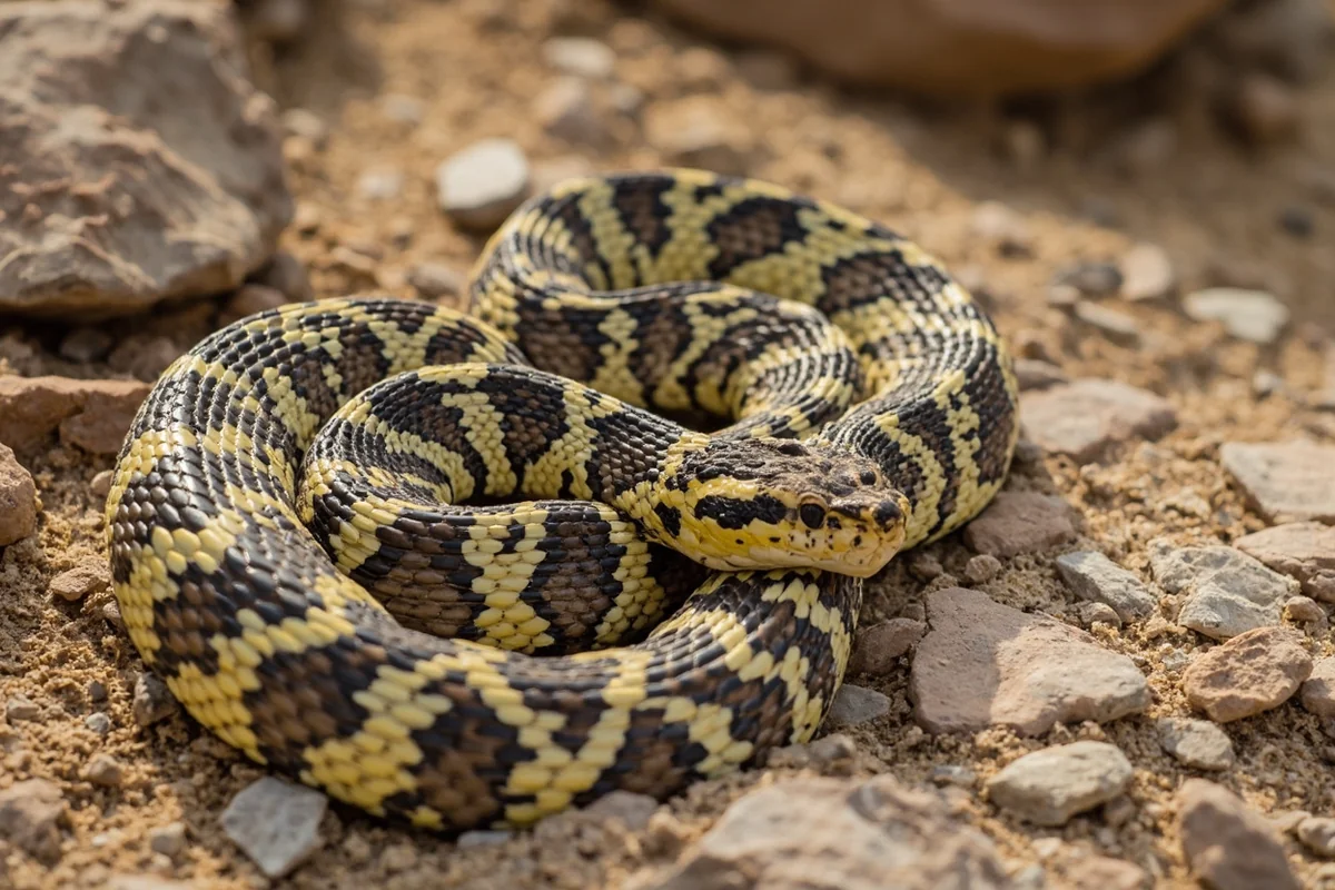 Prairie rattlesnake coiled on rocky Montana terrain with distinctive diamond pattern visible