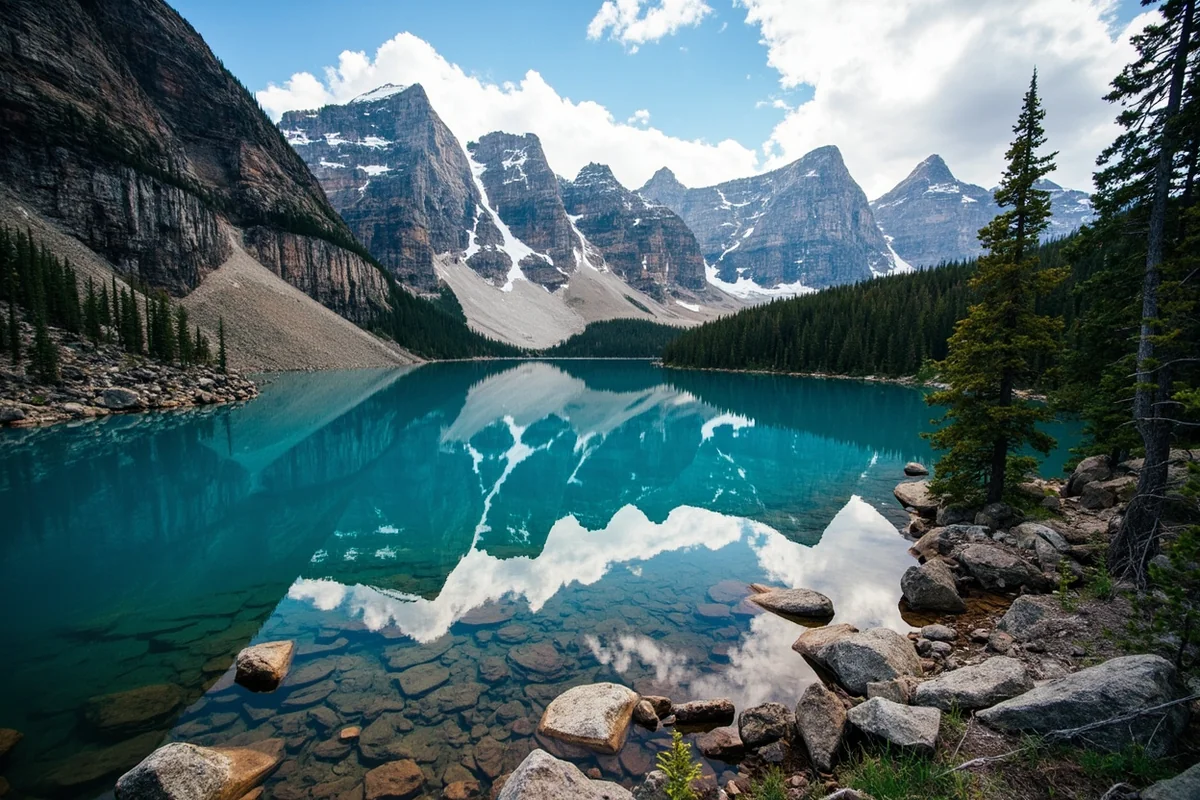Pristine alpine lake surrounded by wilderness peaks in the Bob Marshall Wilderness