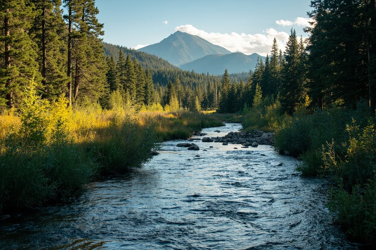 Pristine Montana river with healthy riparian vegetation - otter conservation habitat