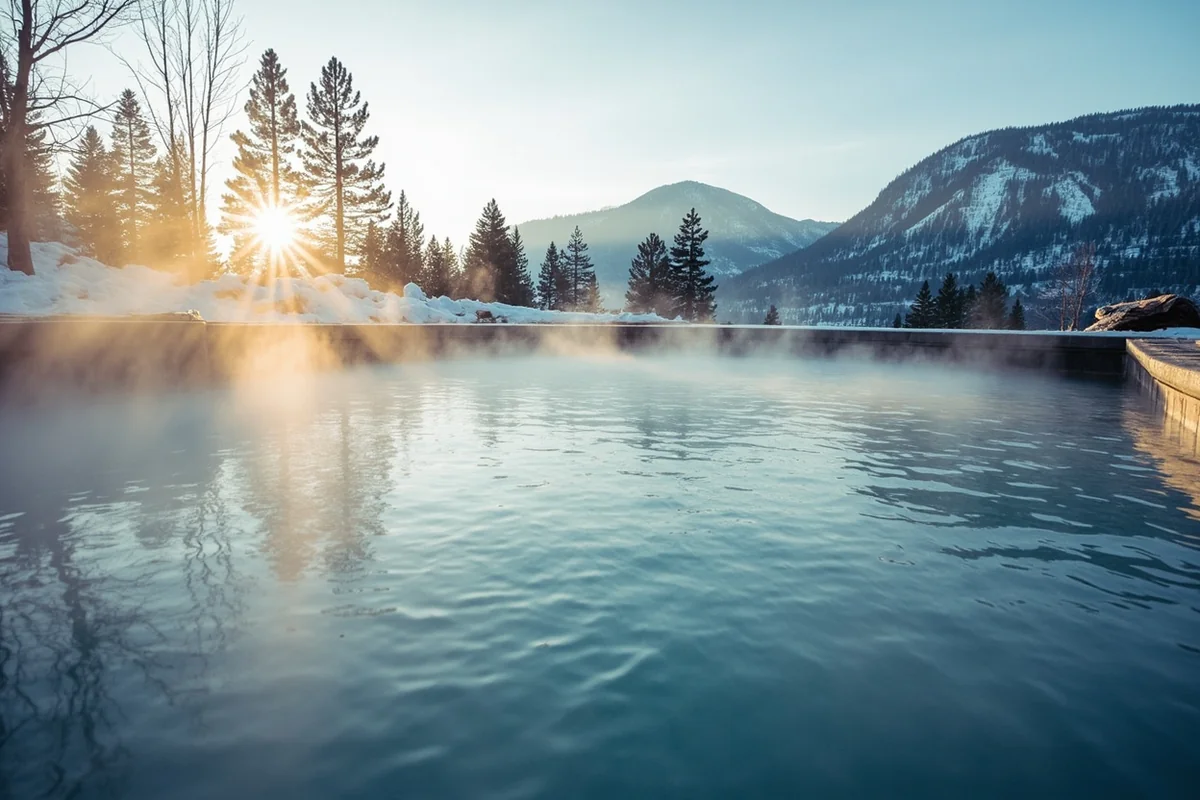 Private outdoor hot spring pool steaming in winter with Montana mountains visible in the background