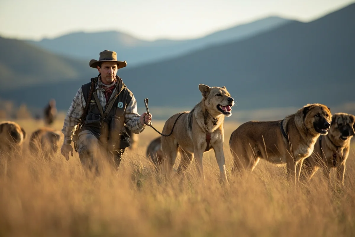 Professional houndsman with pack of trained lion dogs in Montana wilderness
