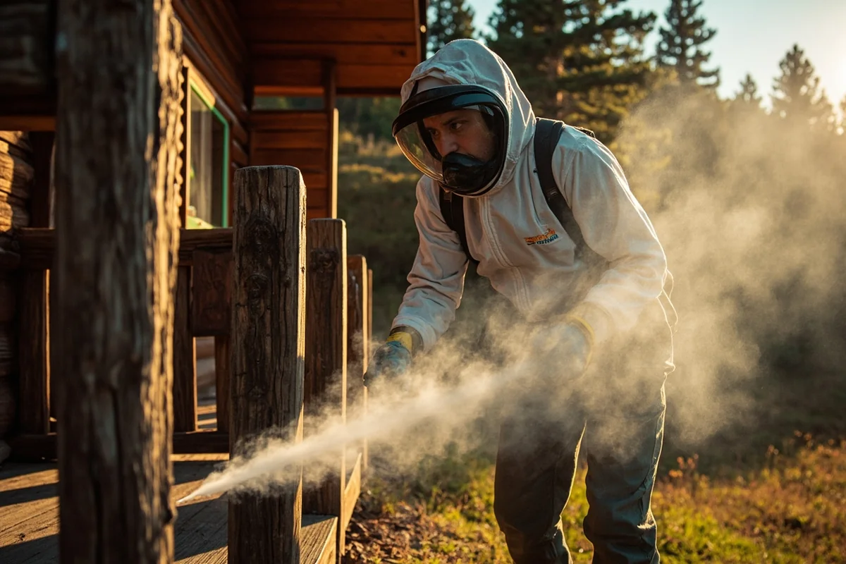 Professional pest control technician applying perimeter treatment to Montana vacation cabin