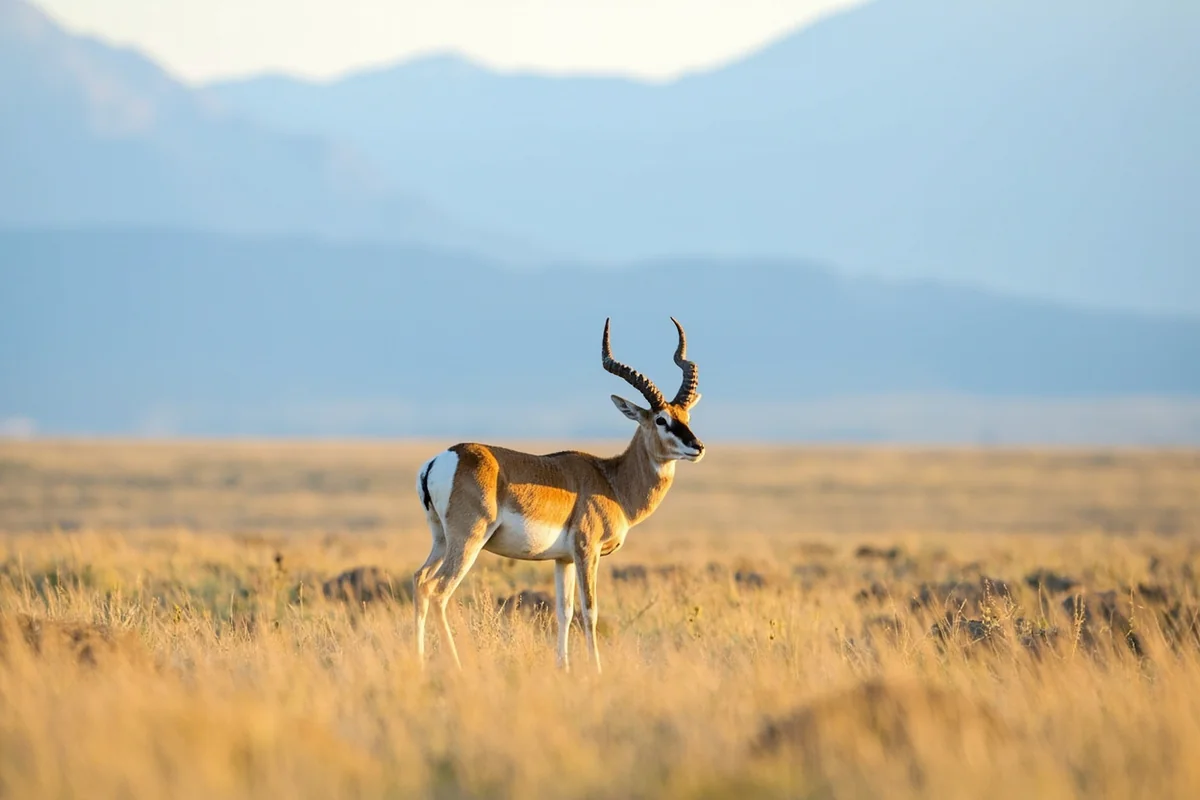 Pronghorn antelope buck on Montana prairie with distant mountains