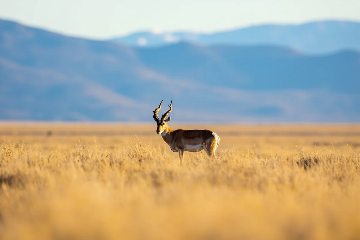 Pronghorn antelope on Montana prairie with mountains in background