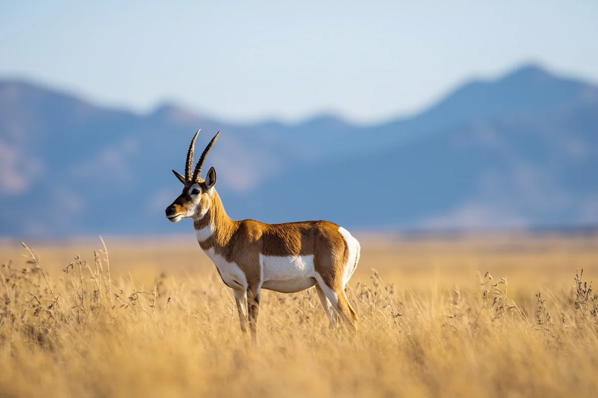 Pronghorn antelope standing alert in grassland with mountains behind