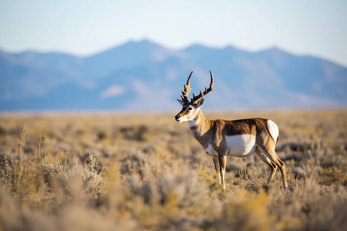 Pronghorn buck standing alert in sagebrush habitat with the Bears Paw Mountains in the background