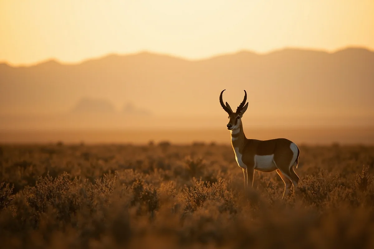 Pronghorn buck standing alert in sagebrush with Montana's prairie landscape stretching to distant buttes at golden hour