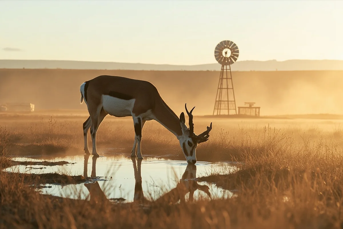 Pronghorn doe drinking from stock tank with windmill in background, dusty Montana prairie setting in midday light