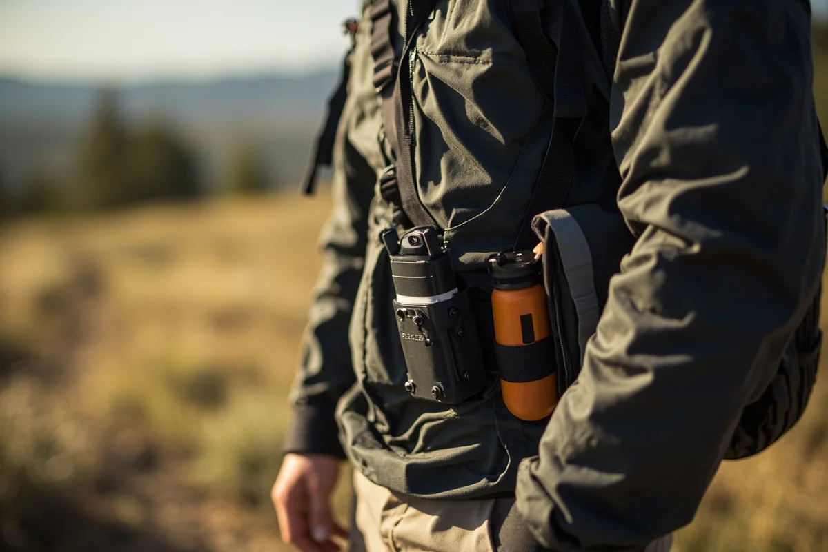Proper bear spray holster positioning on an adult's belt or chest harness during a hike