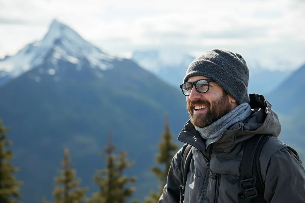 Properly dressed winter traveler with layered clothing at a Glacier National Park viewpoint