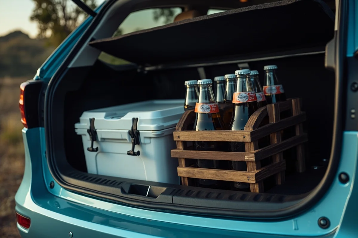 Properly organized vehicle trunk with cooler and sealed beverage containers