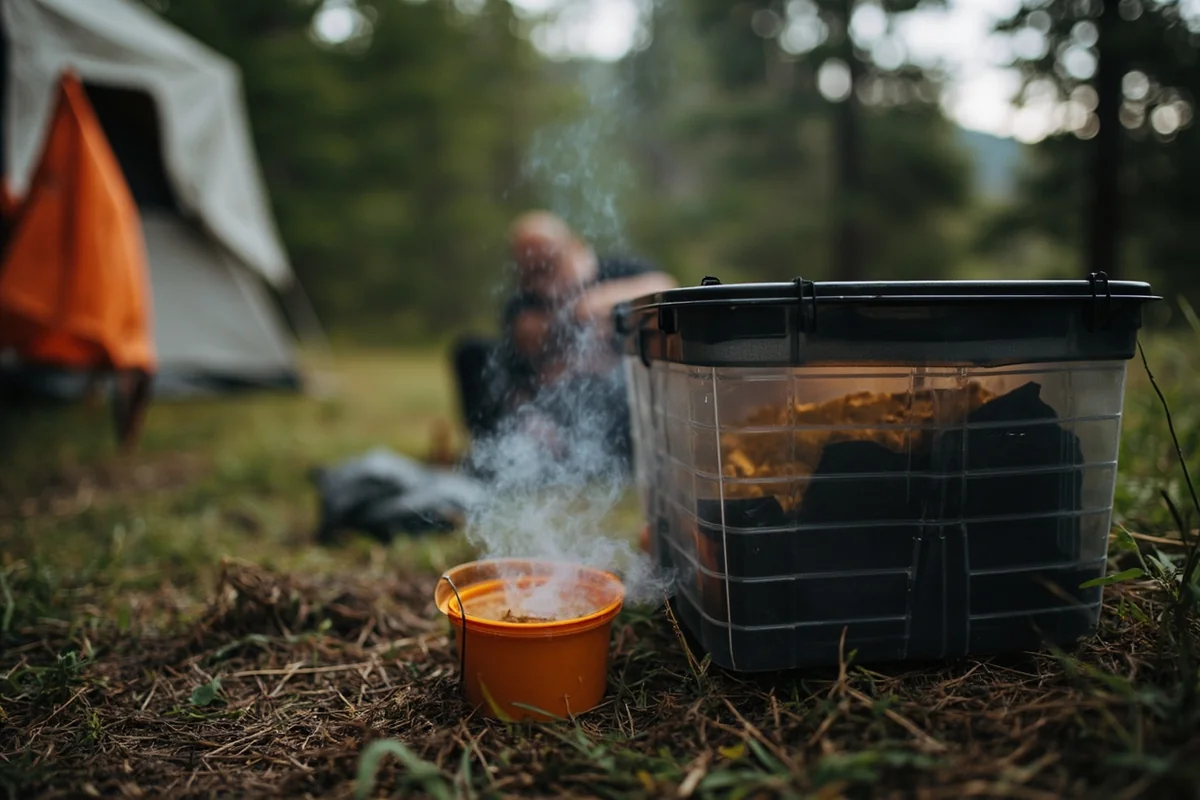 Properly stored food in a bear-proof container at a Montana campsite