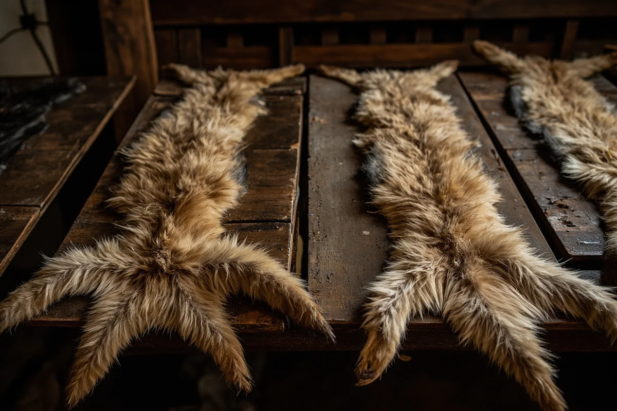 Properly stretched coyote pelts on fur boards drying in a barn