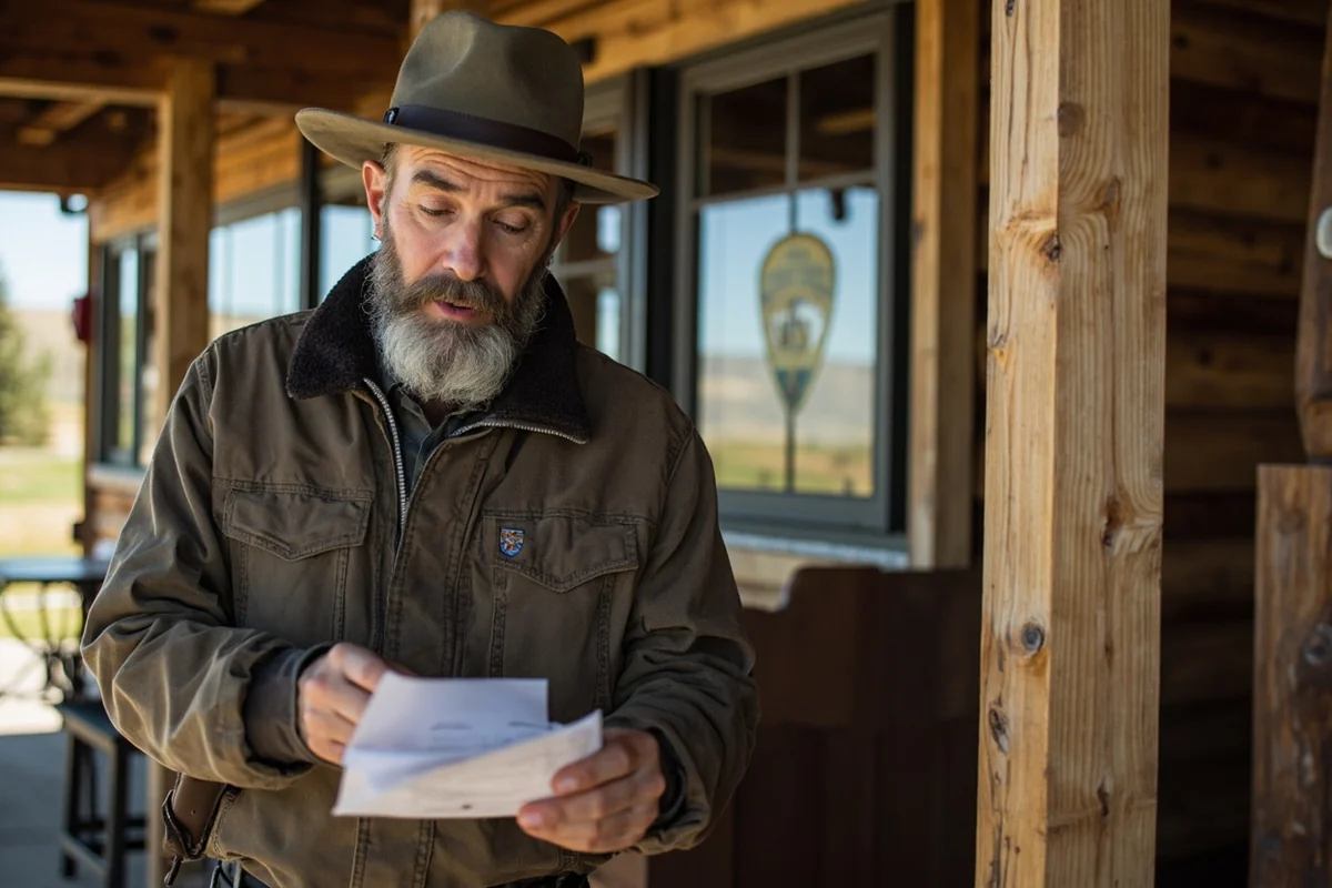 Prospector reviewing paperwork at a Montana ranger station